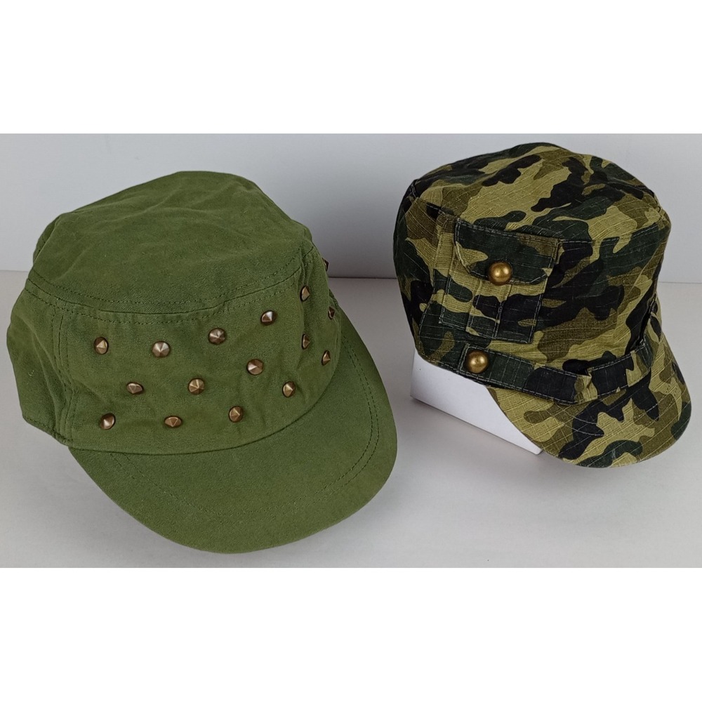 Lot of 2 Target Unisex Military Army Green Camo Brass Studded Utility Caps Hats